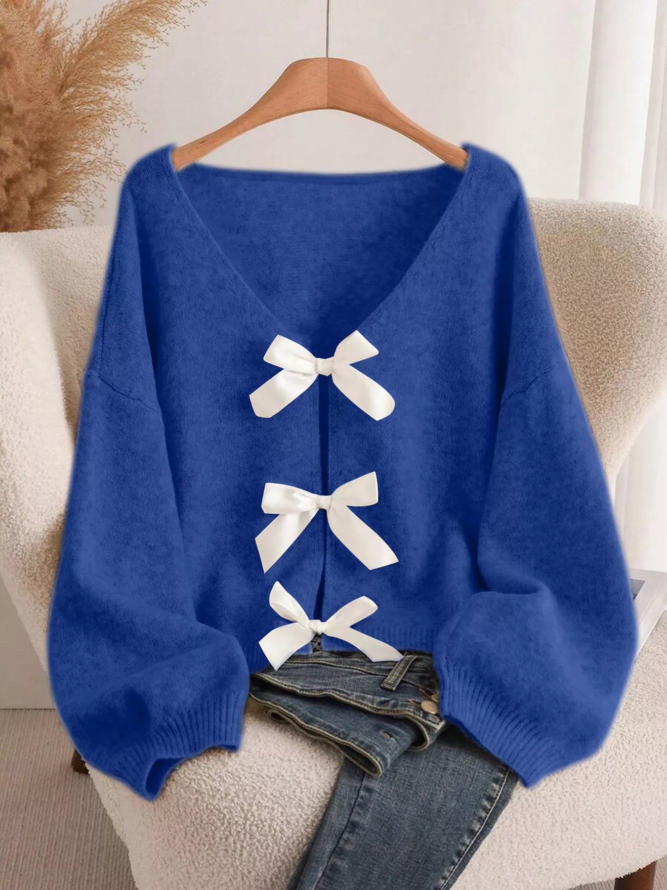 Dahlia Bow Knit Cardigan detail view styled for Avrienne