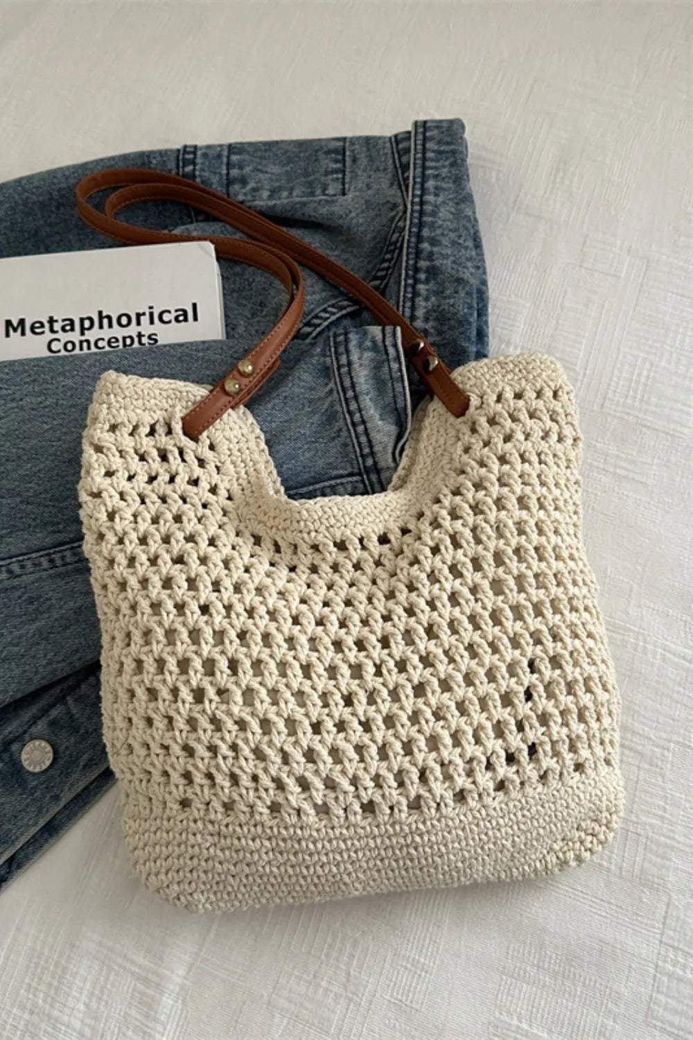 Marina Woven Tote detail view styled for Avrienne