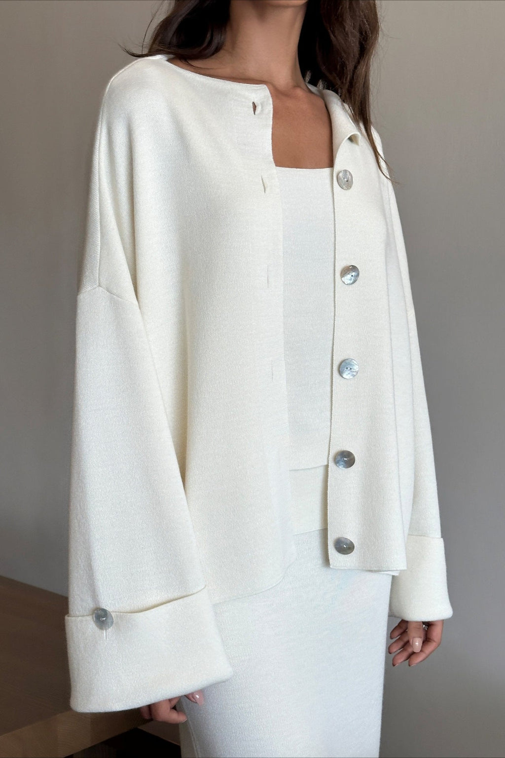 Elegant Minimalist Knit Long Sleeve Cardigan Cami Three Piece Set image 9