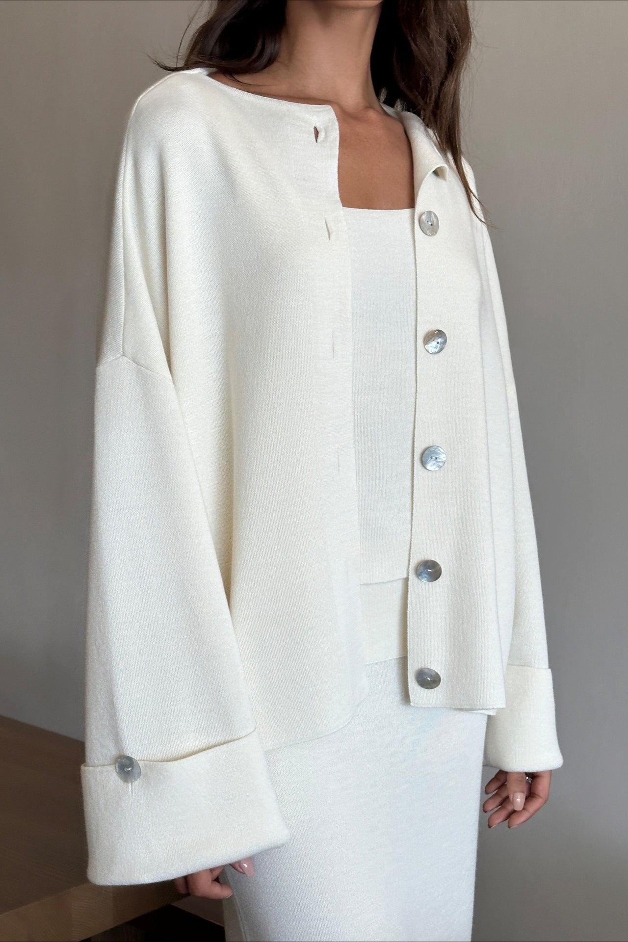 Elegant Minimalist Knit Long Sleeve Cardigan Cami Three Piece Set image 9