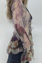 Tie Dye Mesh Ruffle Flare Sleeve Blouse image 3