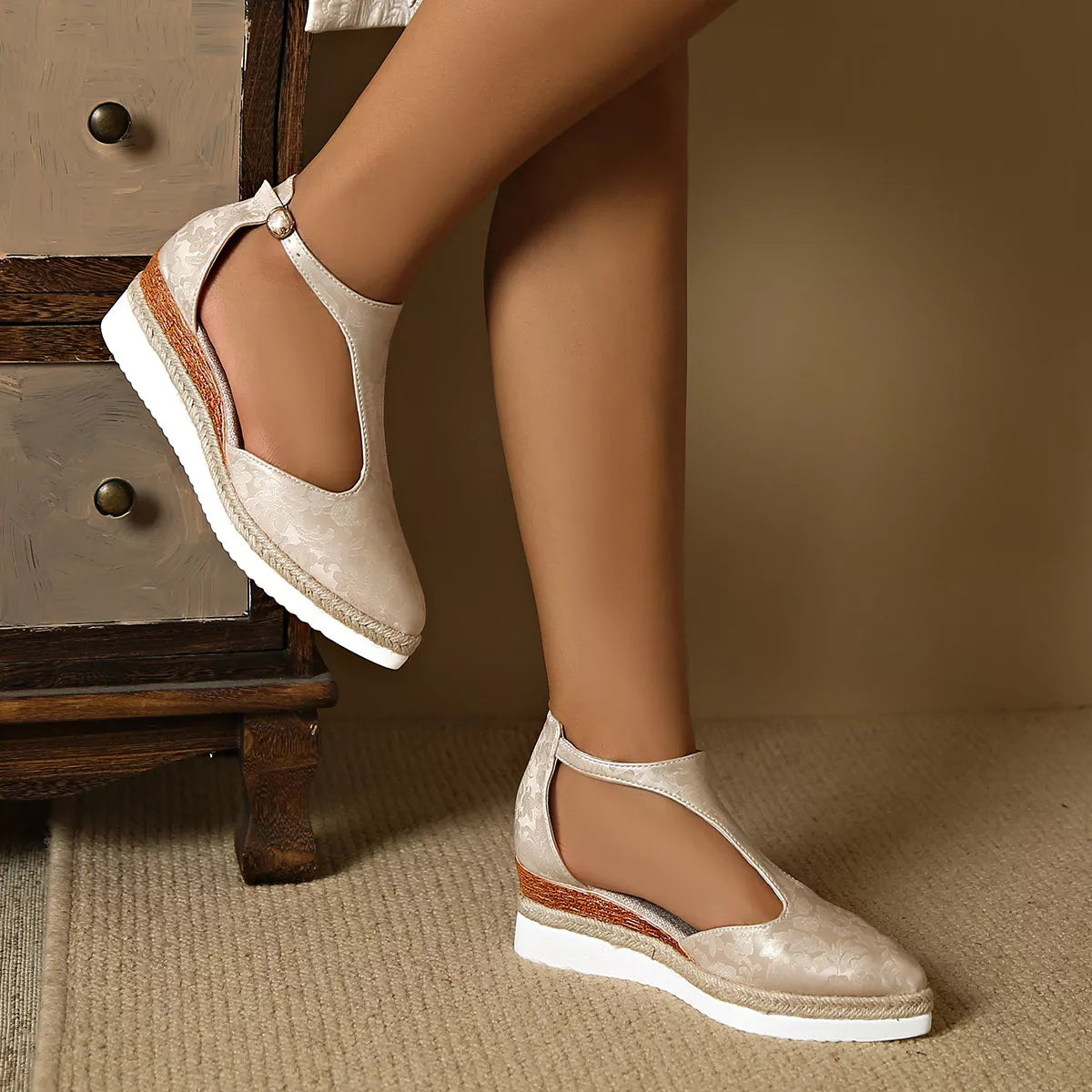 Celine Wedge Sandals detail view styled for Avrienne