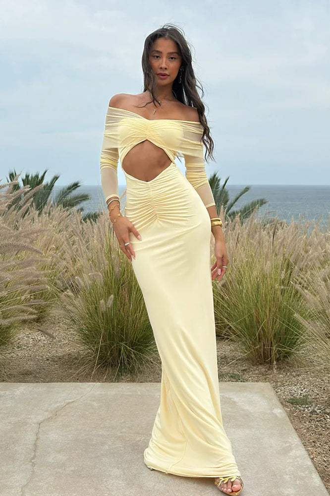 Sheer Mesh Cutout Off Shoulder Patchwork Maxi Dress image 1
