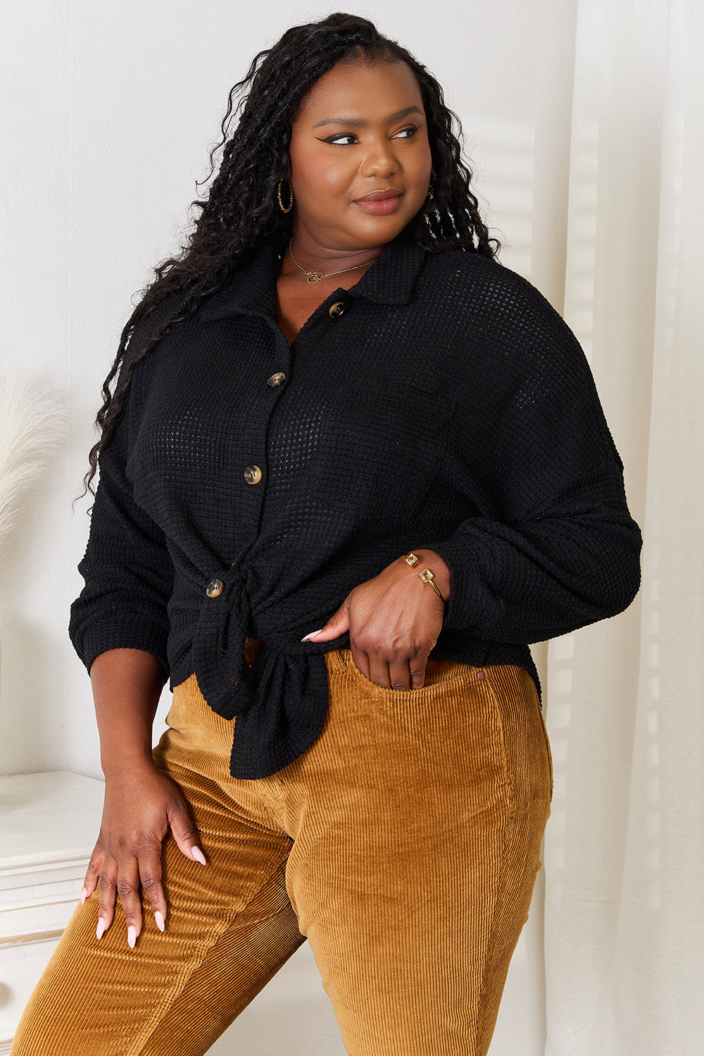 Romy Waffle Knit Shirt detail view styled for Avrienne