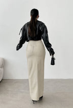 Khaki PU Leather High Waist Split Midi Skirt image 3