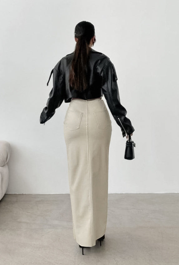 Khaki PU Leather High Waist Split Midi Skirt image 3