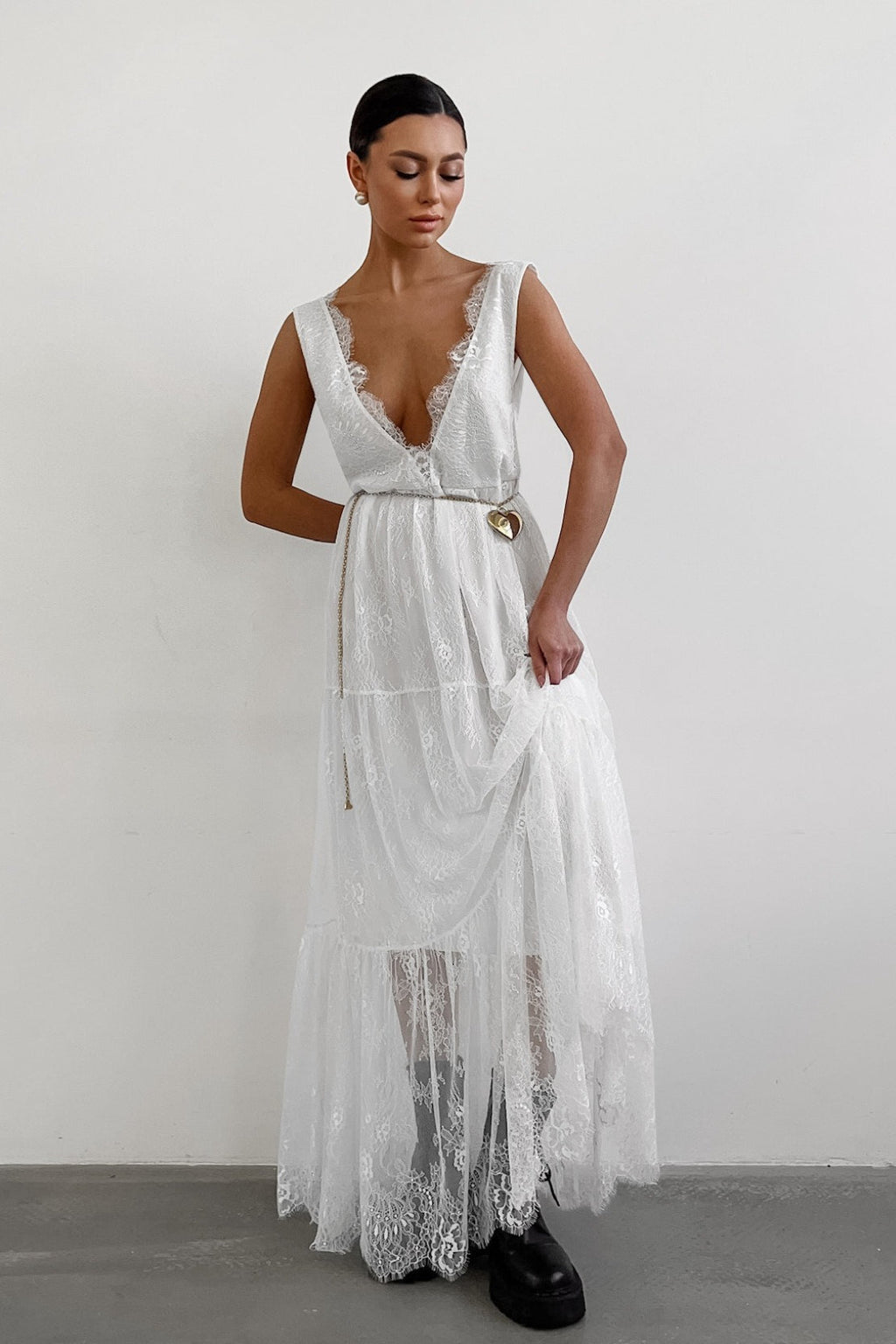 Sexy Solid V Neck Loose Lace Maxi Dress image 6