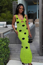 Knit Sleeveless Bodycon Polka Dot Fringe Maxi Dress image 1