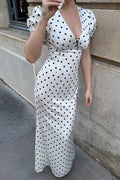 Polka Dot V-Neck Puff Sleeve Waist Tie Bodycon Maxi Dress image 1