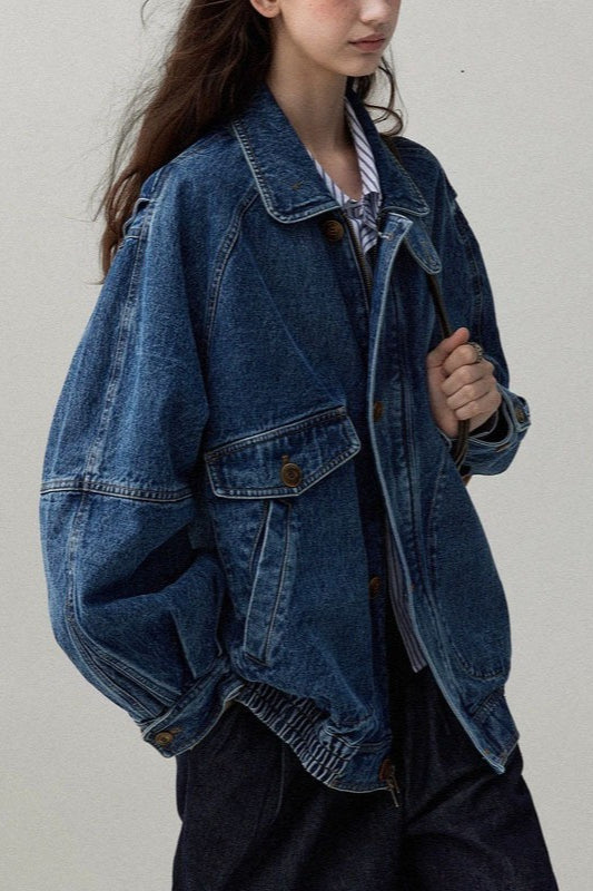 Stand Collar Washed Denim Utility Jacket image 4