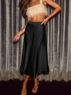 Diana Satin Skirt detail view styled for Avrienne