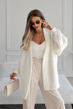 White Fuzzy Tie Waist Mid-Length Relaxed Cardigan image 5