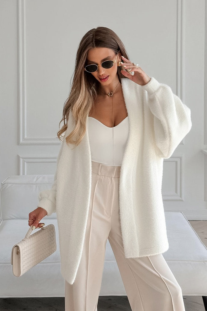 White Fuzzy Tie Waist Mid-Length Relaxed Cardigan image 5