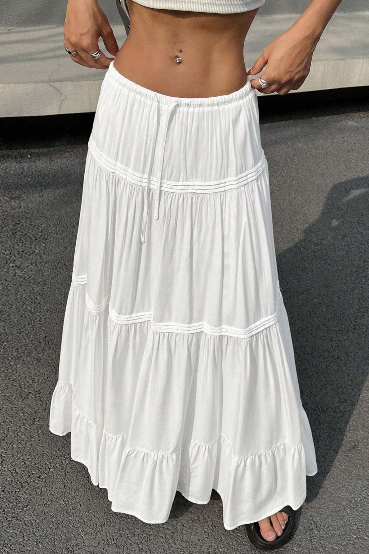 White Casual Tiered Midi Skirt image 1