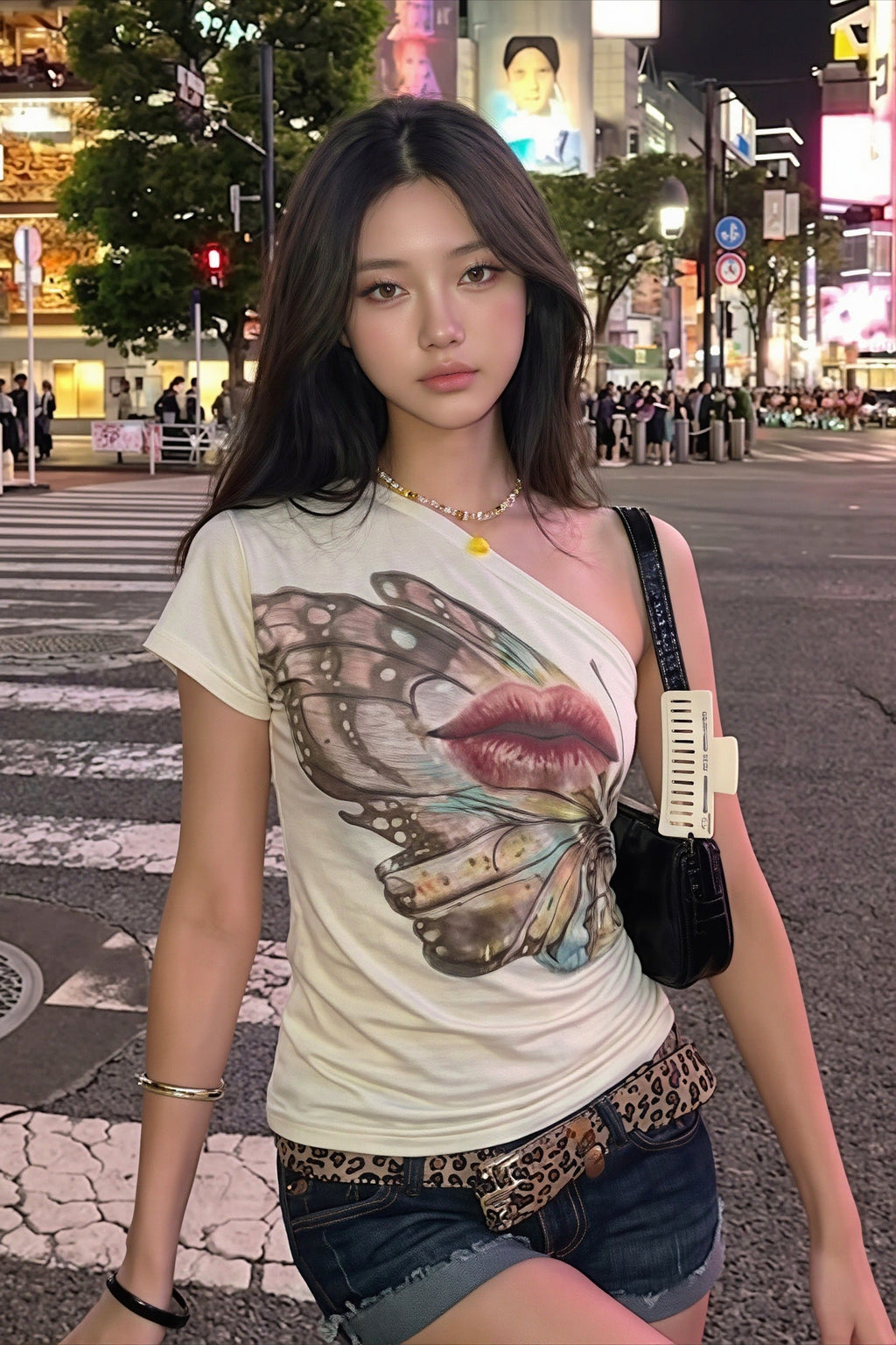 Butterfly Lips Print Off‑Shoulder T‑shirt image 1