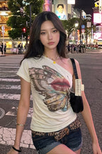 Butterfly Lips Print Off‑Shoulder T‑shirt image 1