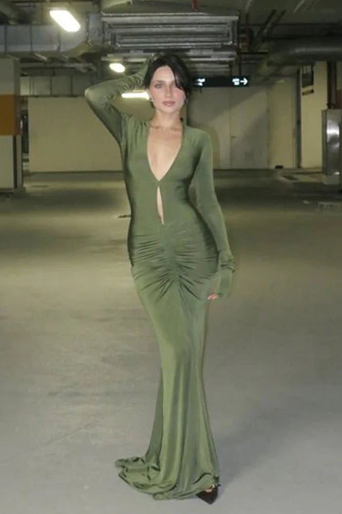 Ruched Cutout Deep V-Neck Bodycon Maxi Dress image 4