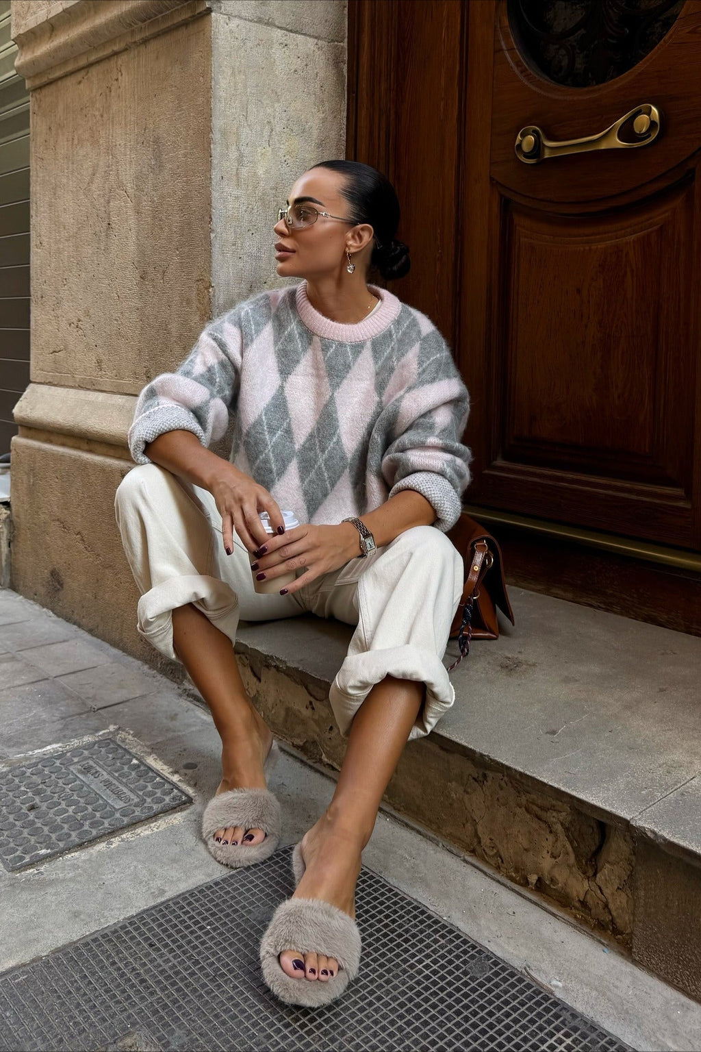 High End Argyle Knit Crewneck Lazy Street Sweater image 2