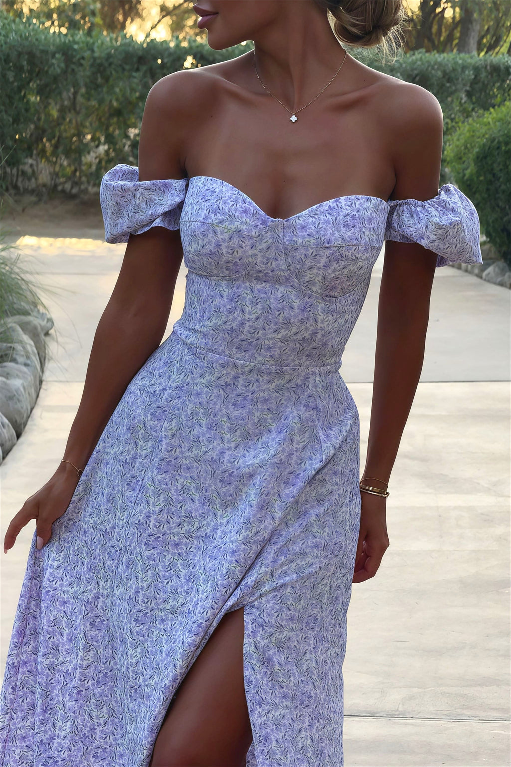 Off Shoulder Floral Slit Midi Dress image 12