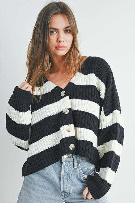 Loose Stripe V Neck Long Sleeve Knit Cardigan image 1