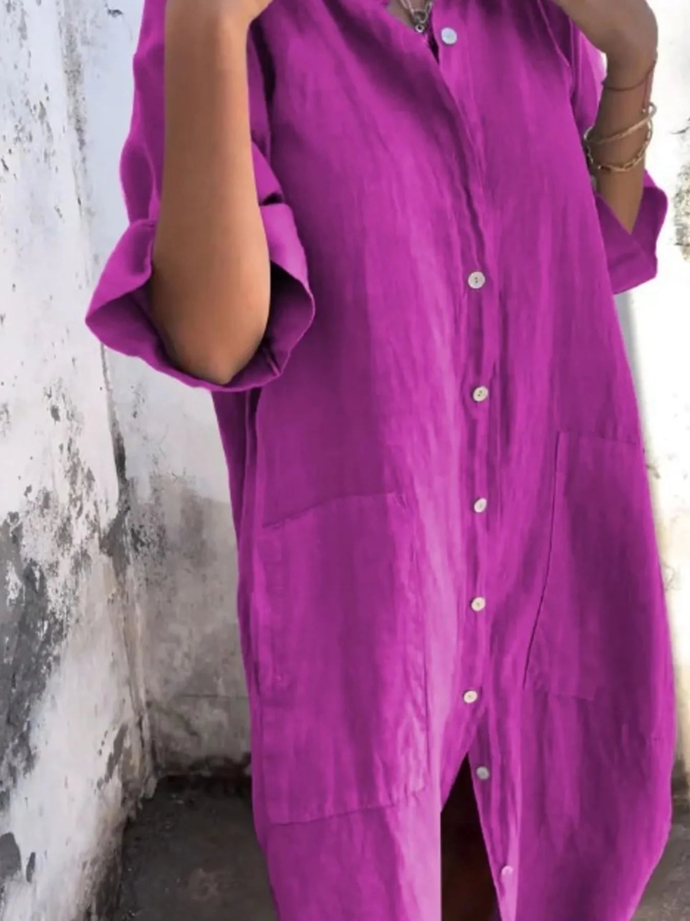 Marseille Linen Shirt Dress detail view styled for Avrienne