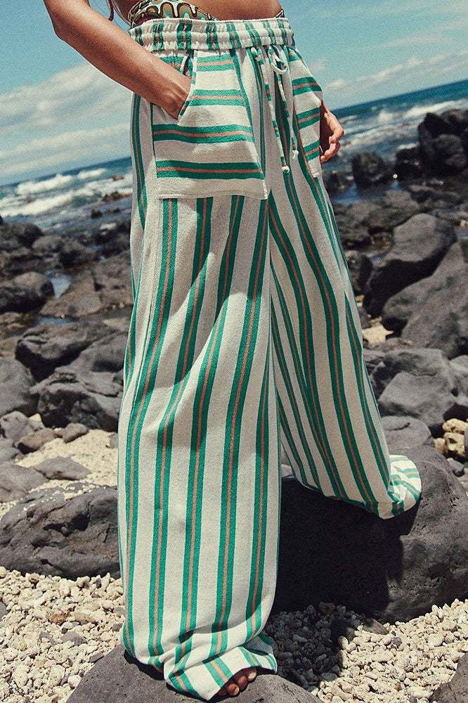 Beach Style Striped Drawstring Wide Leg Pants image 2