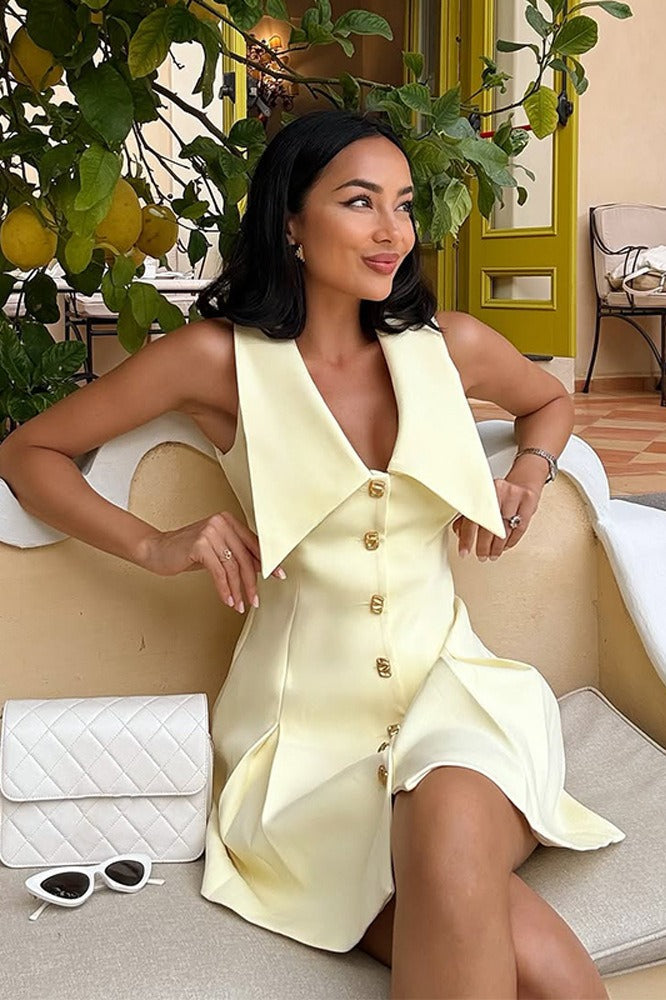 Simple Sleeveless Lapel Button Waist Mini Dress image 1