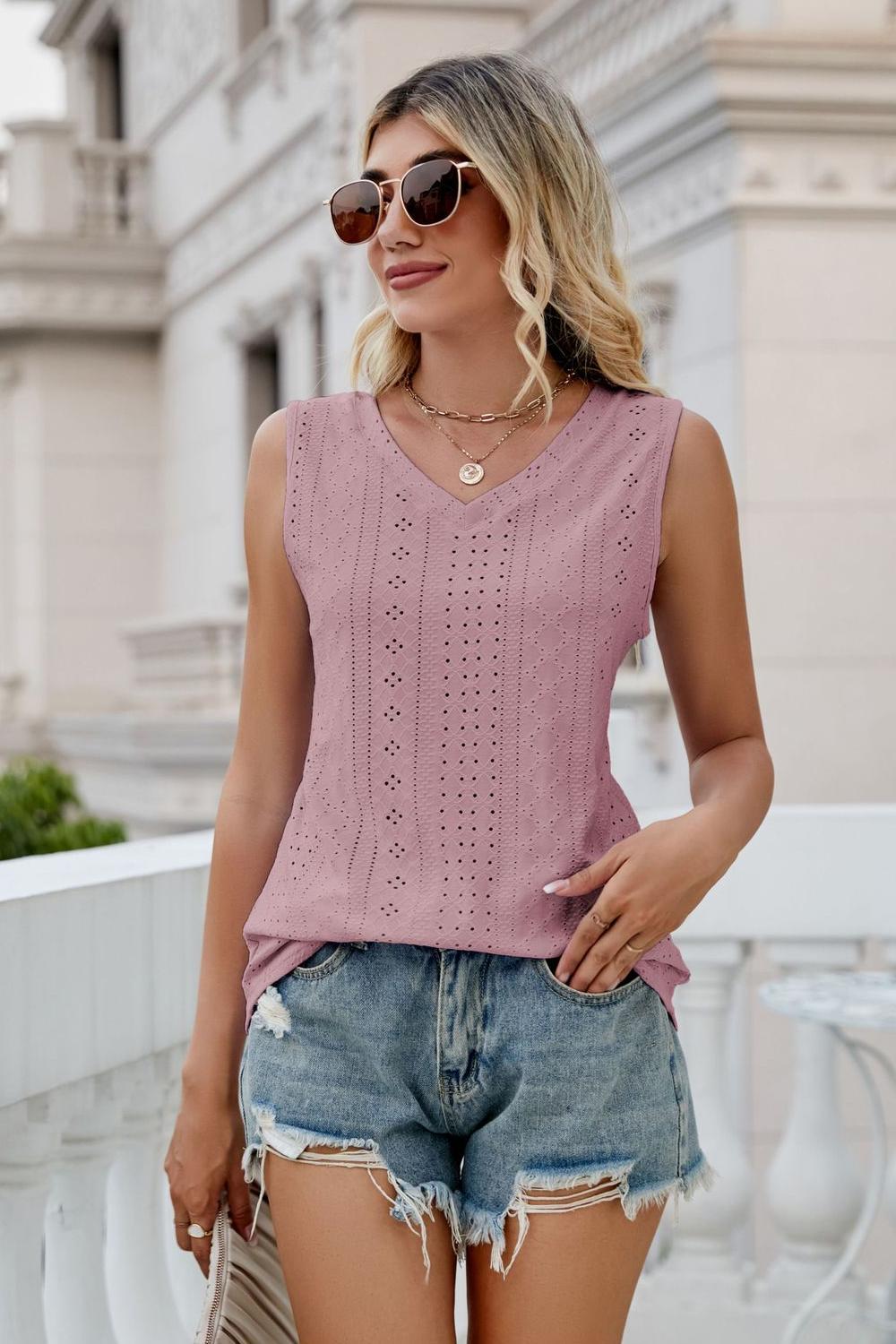 Gia Eyelet Tank detail view styled for Avrienne