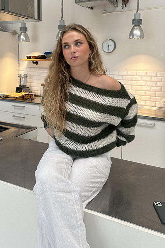 Slouchy Striped Crewneck Loose Long Sleeve Knit Sweater image 3