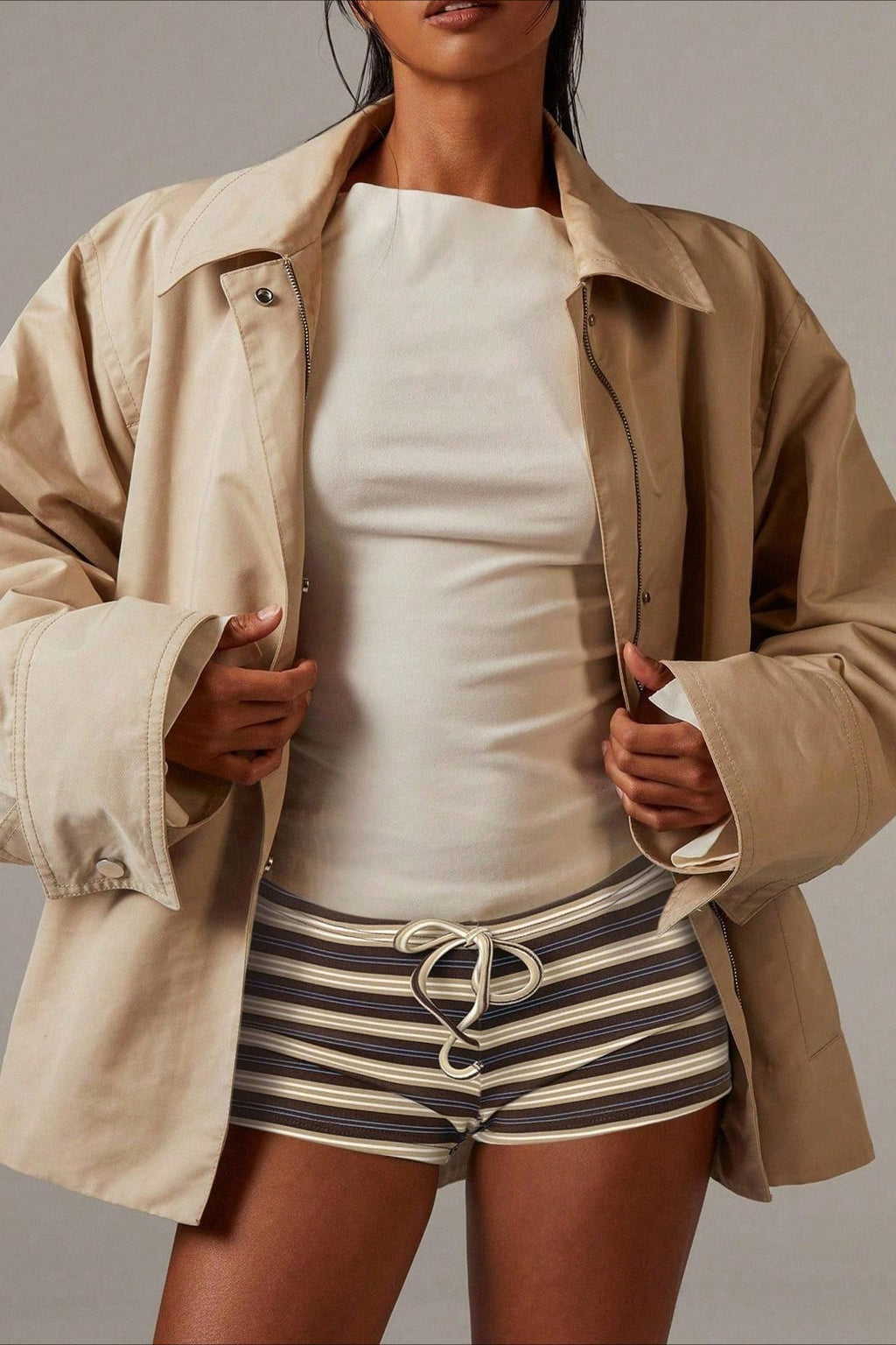 Simple Stripe Drawstring Low Waist Shorts image 3
