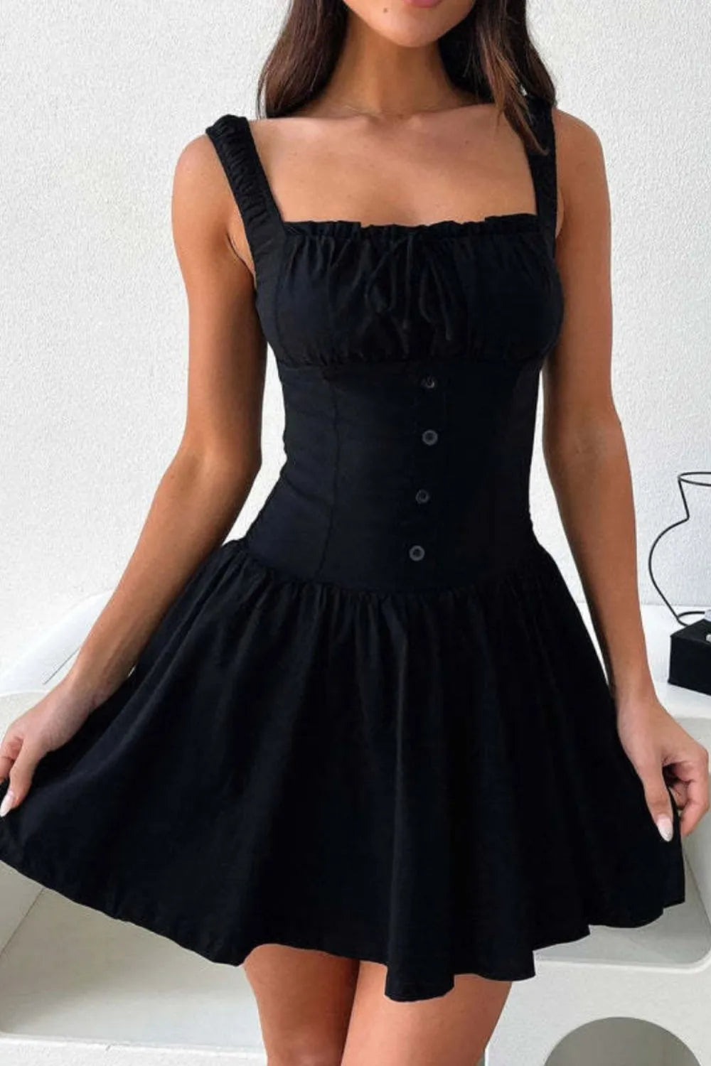 Allegra Button Cami Dress detail view styled for Avrienne