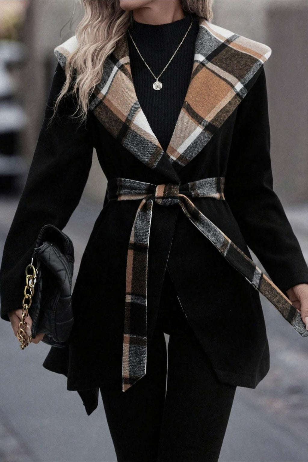 Plaid Patchwork Belted Wool Coat image 1