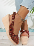 Aurelia Wedge Sandals detail view styled for Avrienne