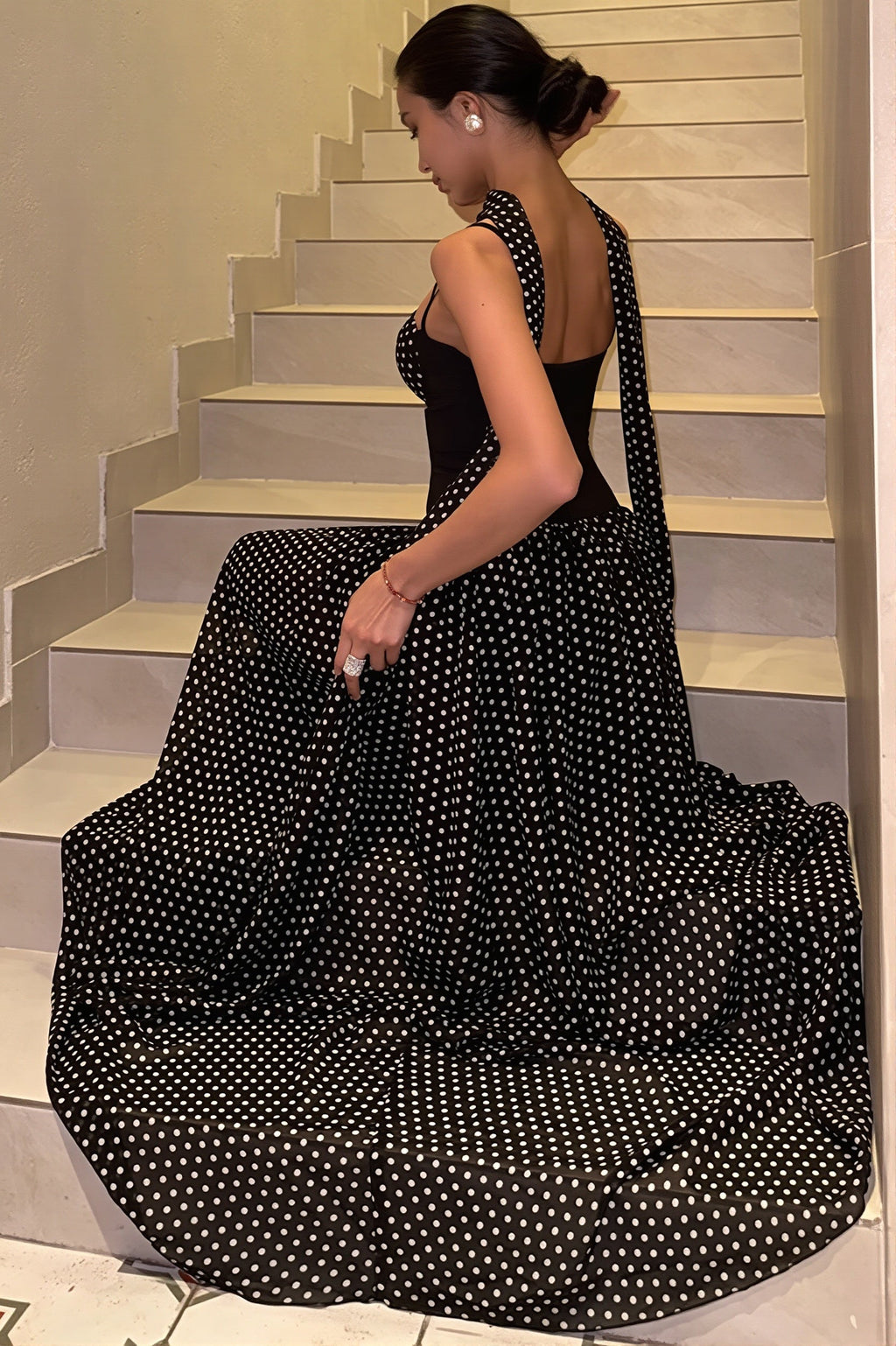 Strapless Cutout Back Ribbon Dot Print Cami Maxi Dress image 3