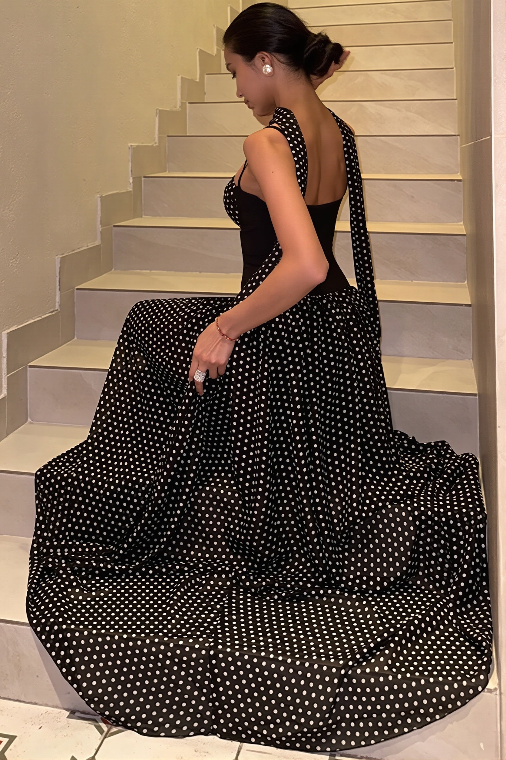 Strapless Cutout Back Ribbon Dot Print Cami Maxi Dress image 3