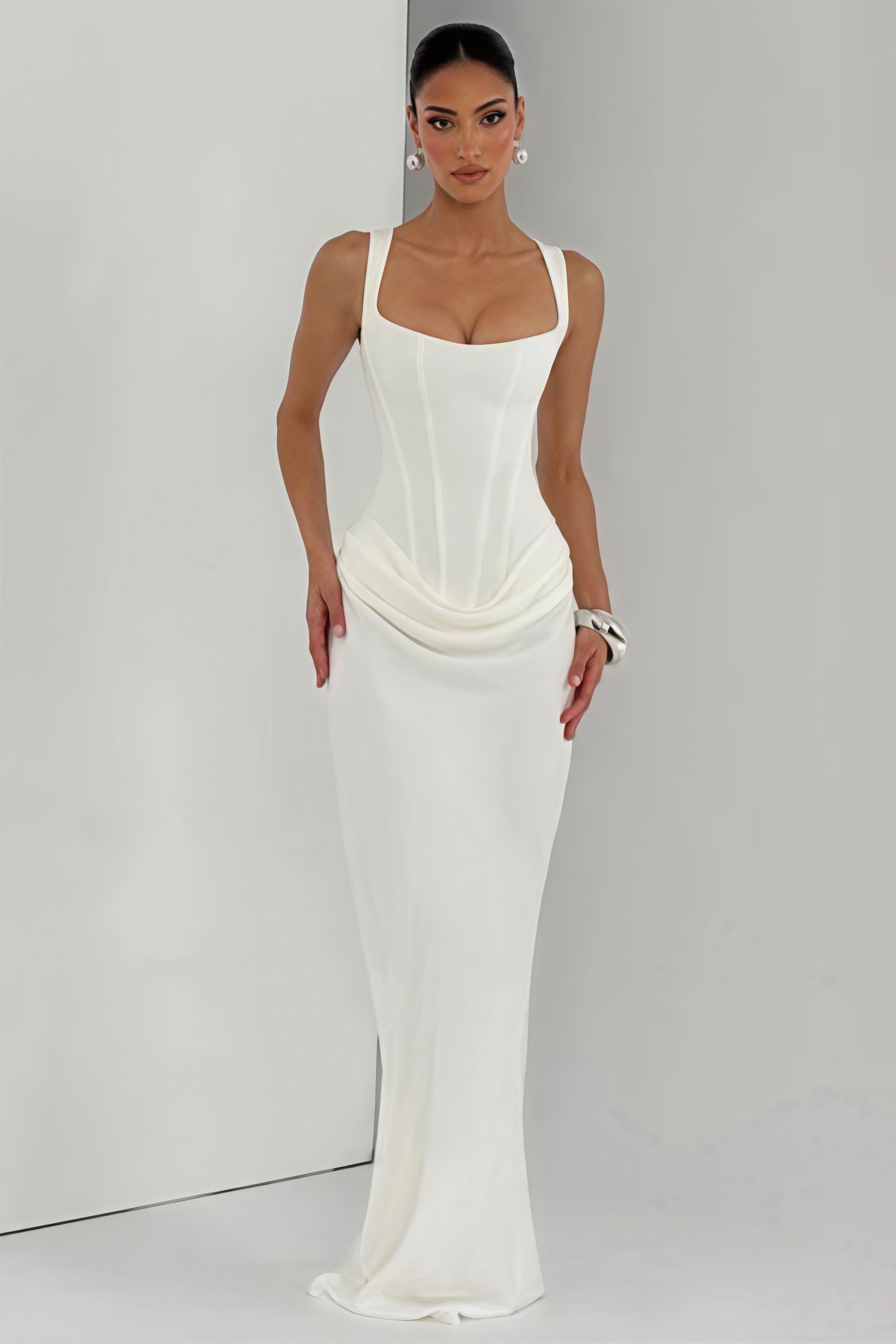 Sexy Ruched Spaghetti Strap Boned Waist Cinching Bodycon Maxi Dress image 4