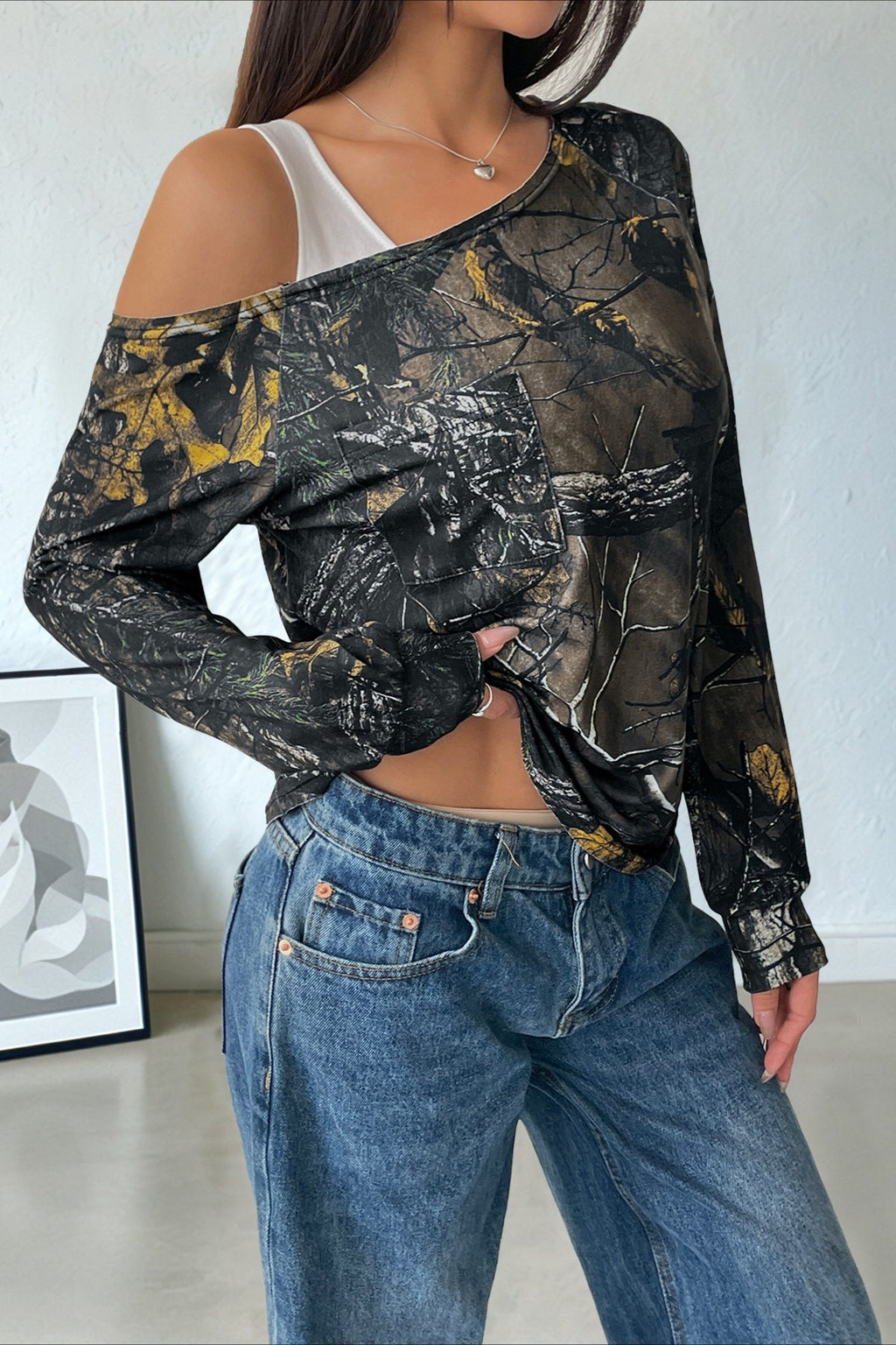 Patchwork Layered Asymmetrical Shoulder Long Sleeve Tee image 2