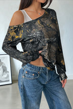 Patchwork Layered Asymmetrical Shoulder Long Sleeve Tee image 2