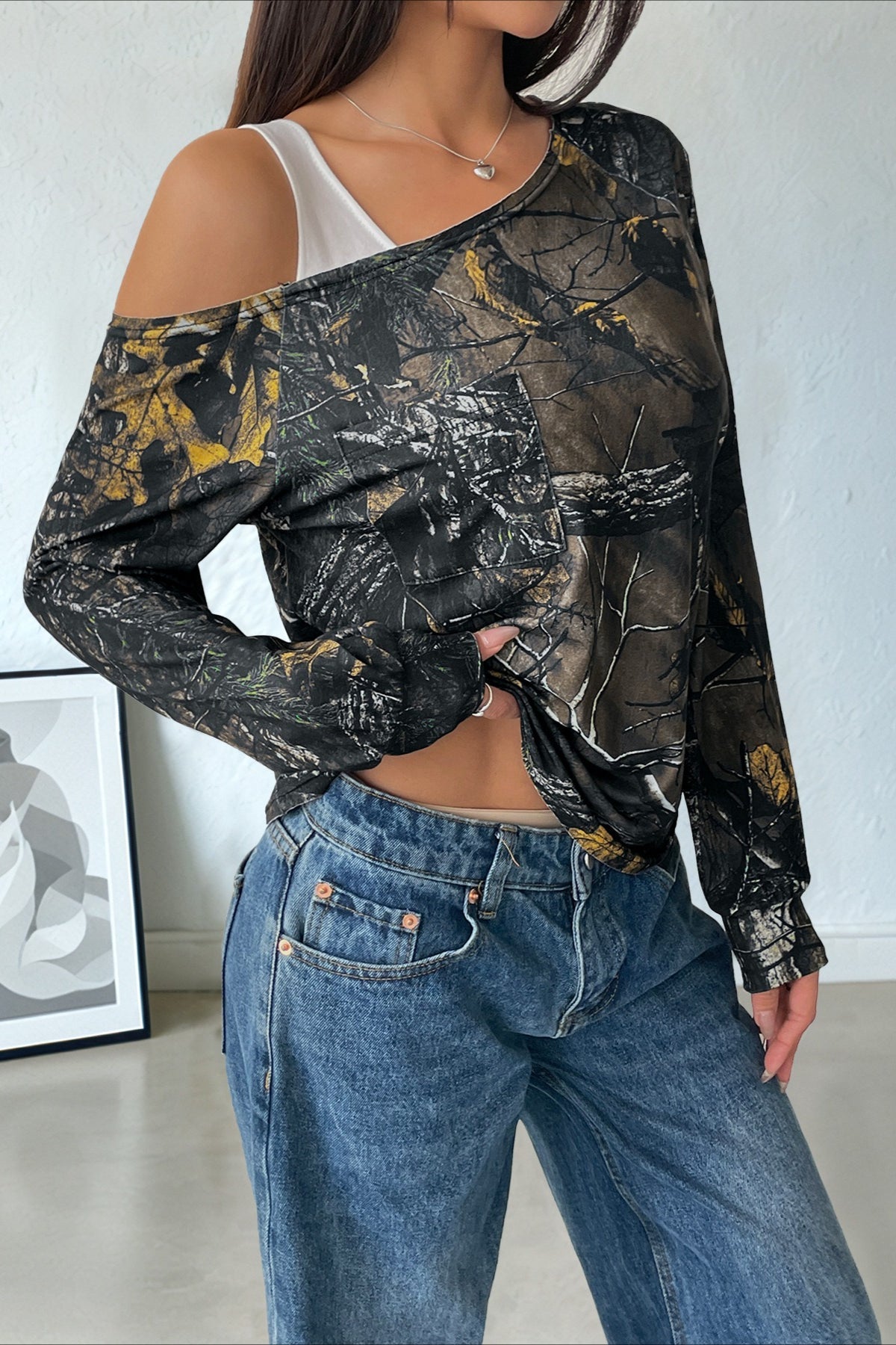 Patchwork Layered Asymmetrical Shoulder Long Sleeve Tee image 2