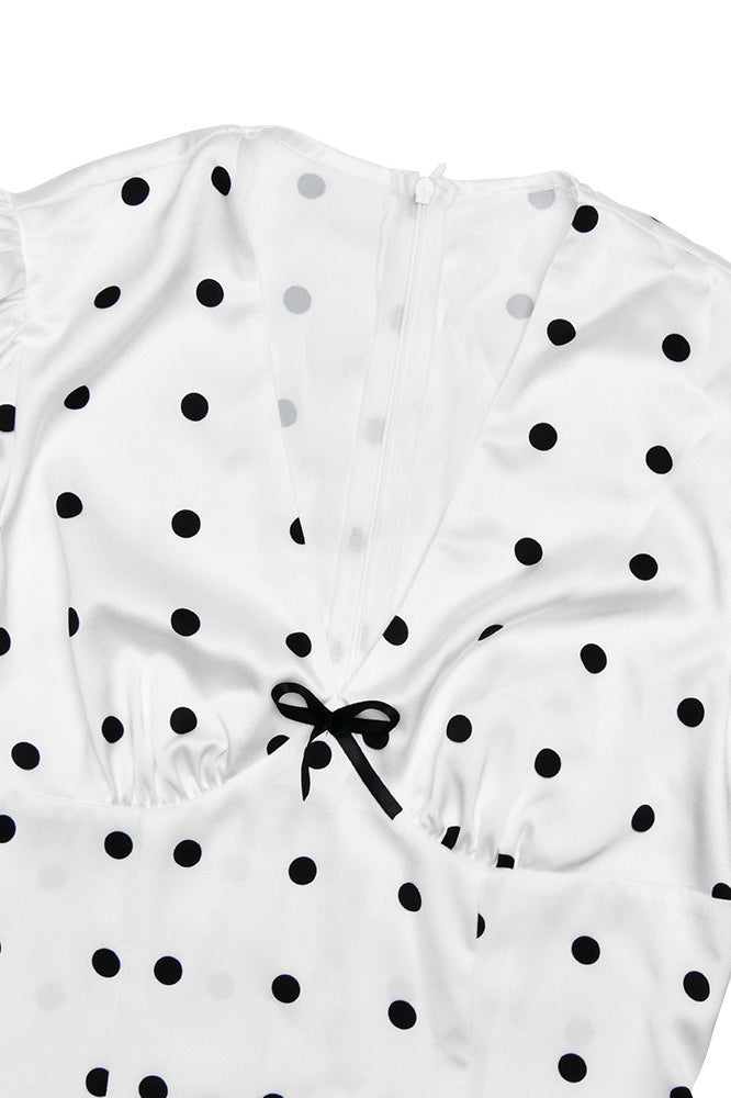 Polka Dot V-Neck Puff Sleeve Waist Tie Bodycon Maxi Dress image 4