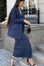 Striped Lapel Long Sleeve Blazer Slit Skirt Set image 2