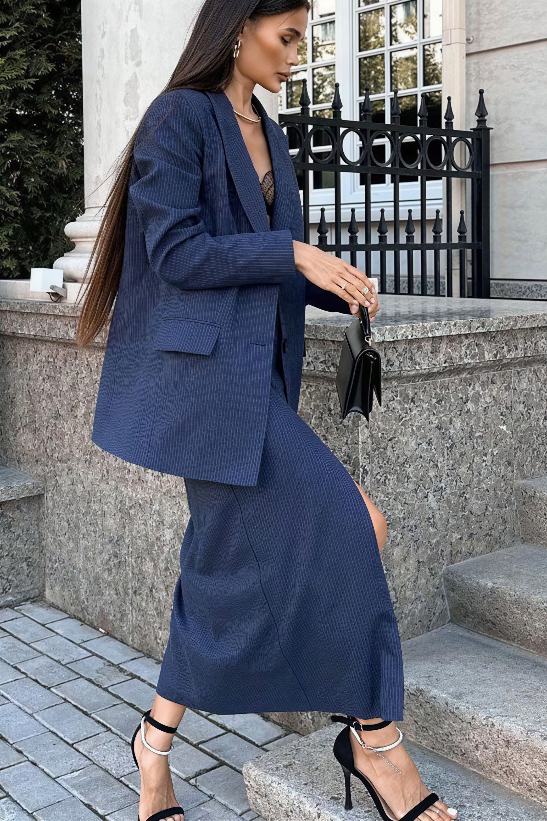 Striped Lapel Long Sleeve Blazer Slit Skirt Set image 2