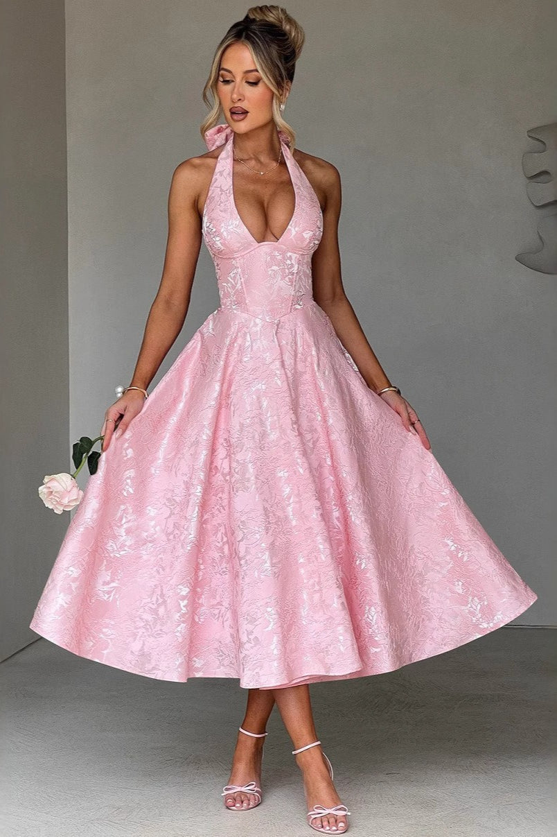 Jacquard Halter V-Neck Party Dress image 1