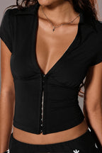 V Neck Button Elastic Slim Crop Blouse image 3