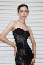 Sheer Lace Strapless 3D Floral Train Maxi Dress image 4