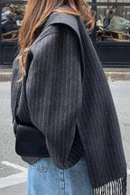 Striped Scarf Collar Tassel Loose Wool Coat image 3