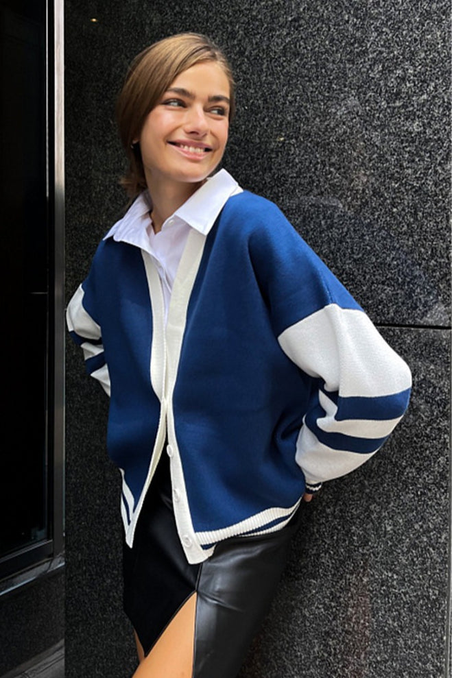 Simple Color Block Striped Relaxed Knit Cardigan image 1