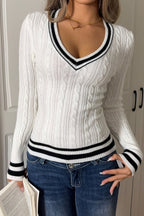 V Neck Striped Long Sleeve Slim Fit Knit Pullover Sweater image 3