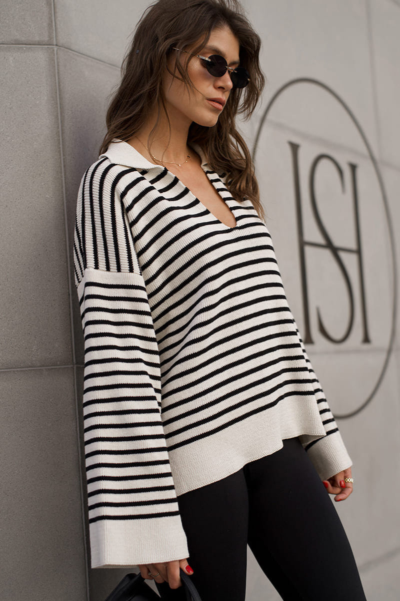 Striped Polo Neck Loose Fit Knit Sweater image 3