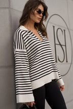 Striped Polo Neck Loose Fit Knit Sweater image 3